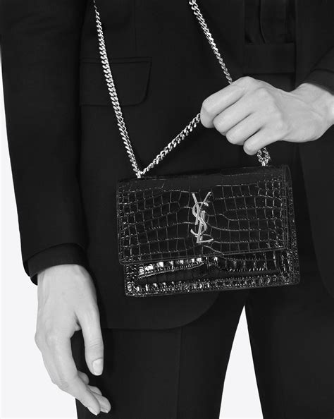 ysl sunset chain wallet black croc|SAINT LAURENT Calfskin Crocodile Embossed Monogram .